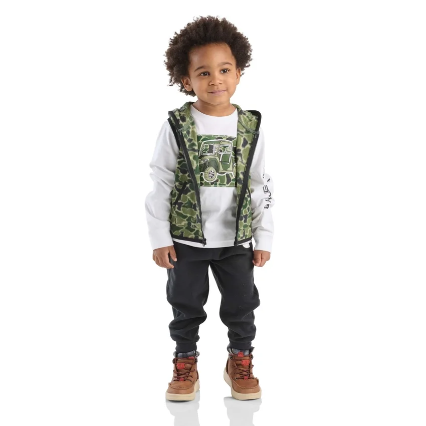 3-delt camouflage-sæt til drenge med vest, langærmet T-shirt og bukser (småbørn)