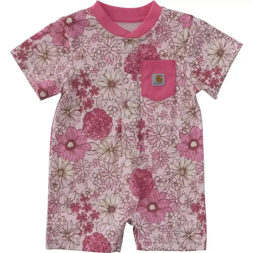 Kortærmet blomstret Henley-romper med lommer til piger (baby)