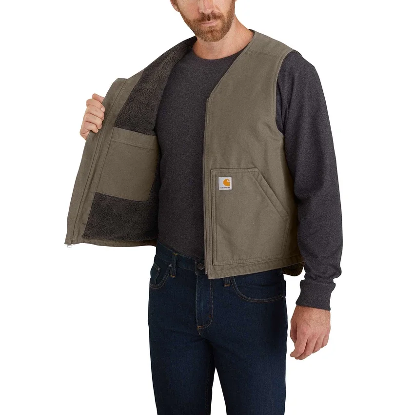 Vest til mænd i vasket duck-stof med robust sherpa-foring